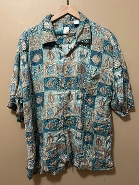 Bunks Bibas Teal Brown & Cream Novelty Fish Hawaiian Patchwork ButtonDown Shirt